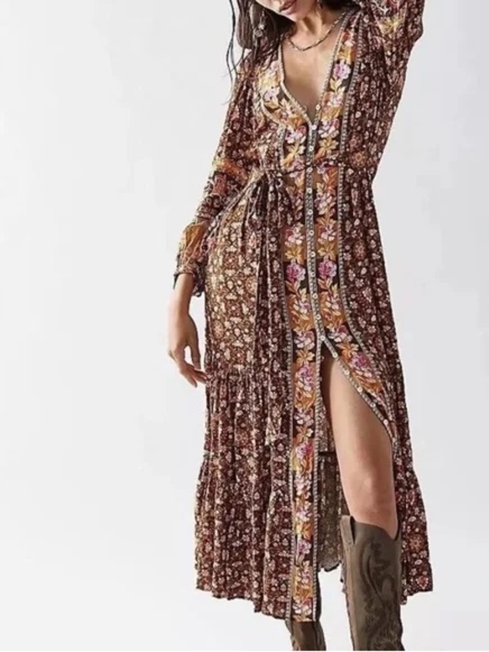 Spell Free People exclusive Madame Peacock Button up dress , Coffee Maxi XL